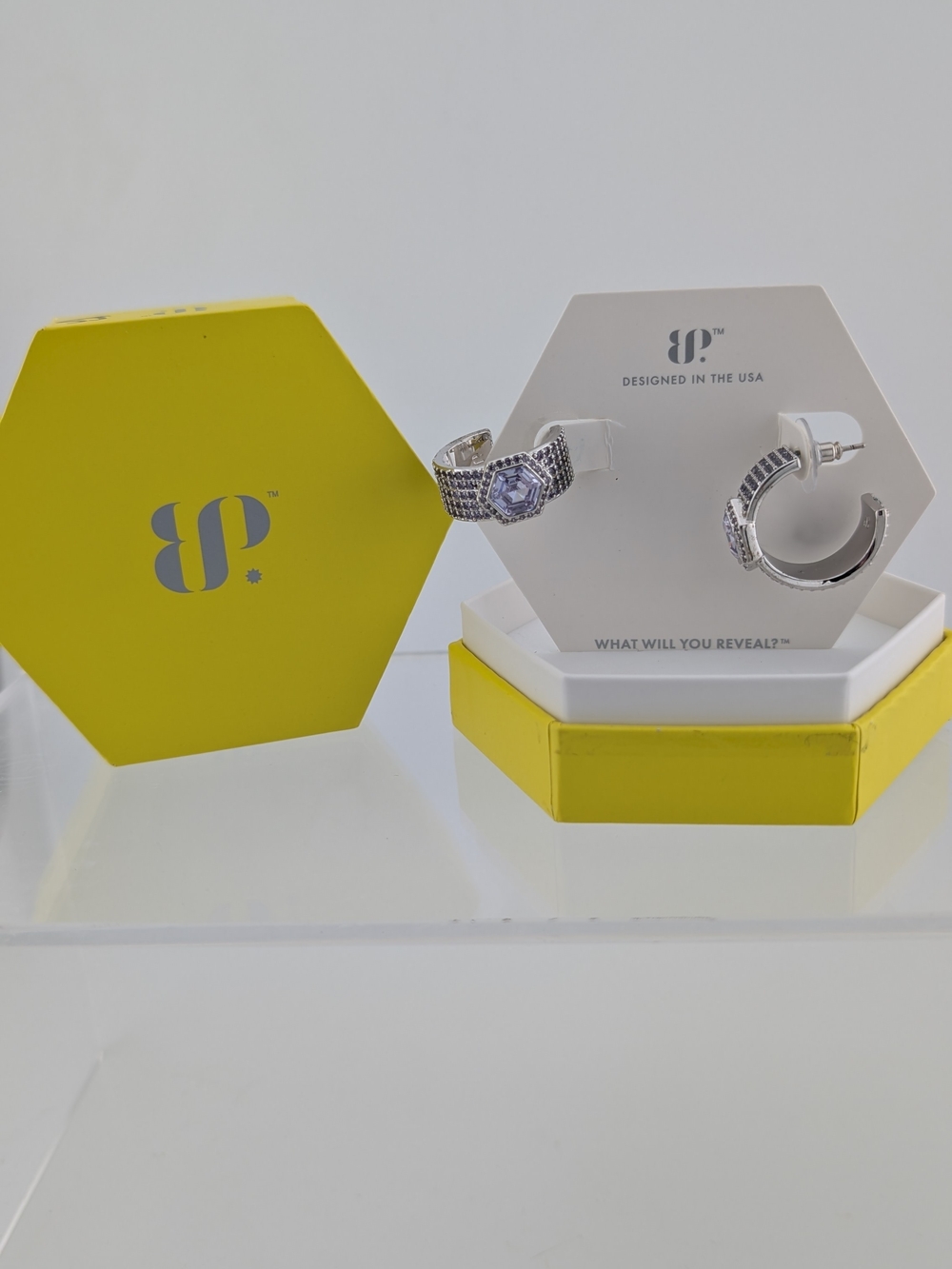 BP. Silver-Tone Hoop Earrings with Faceted Clear Stones